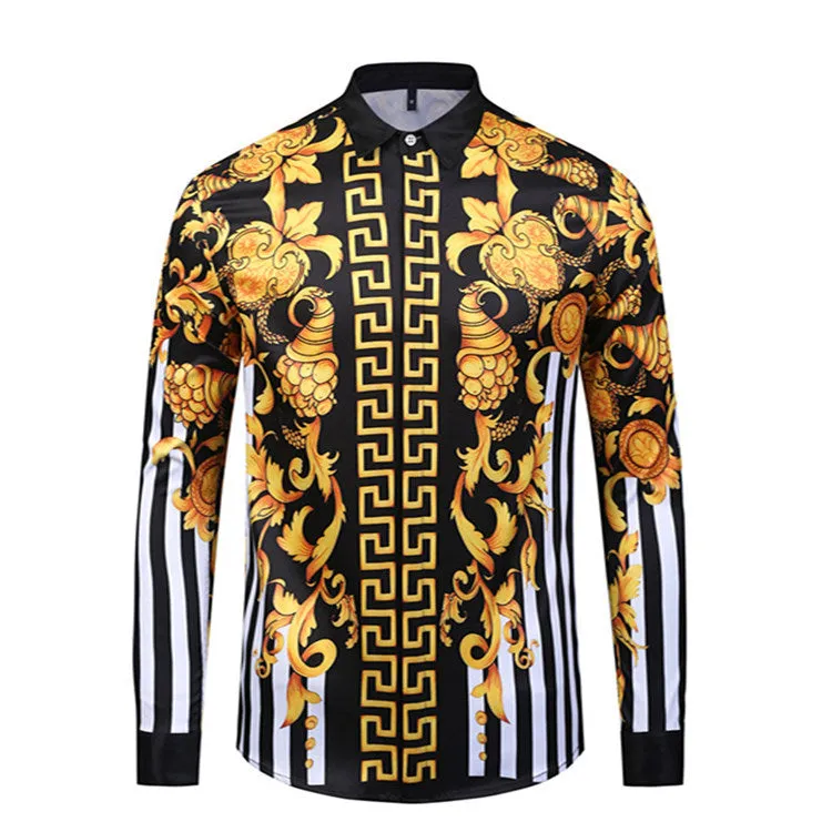 High-end Gold Flower Carved Print Men's Long-sleeved Shirt