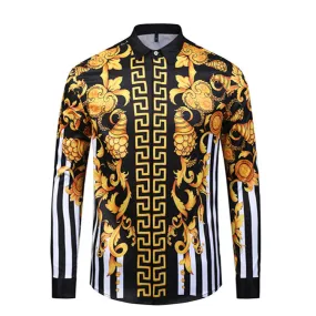 High-end Gold Flower Carved Print Men's Long-sleeved Shirt