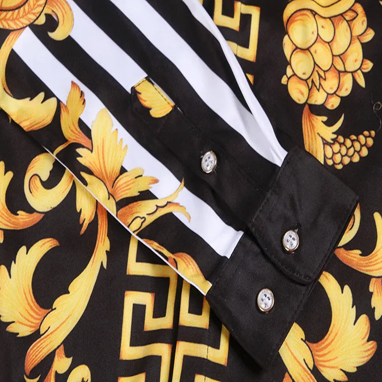 High-end Gold Flower Carved Print Men's Long-sleeved Shirt