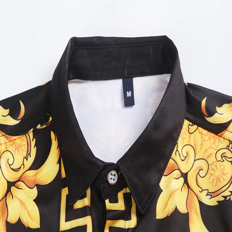 High-end Gold Flower Carved Print Men's Long-sleeved Shirt