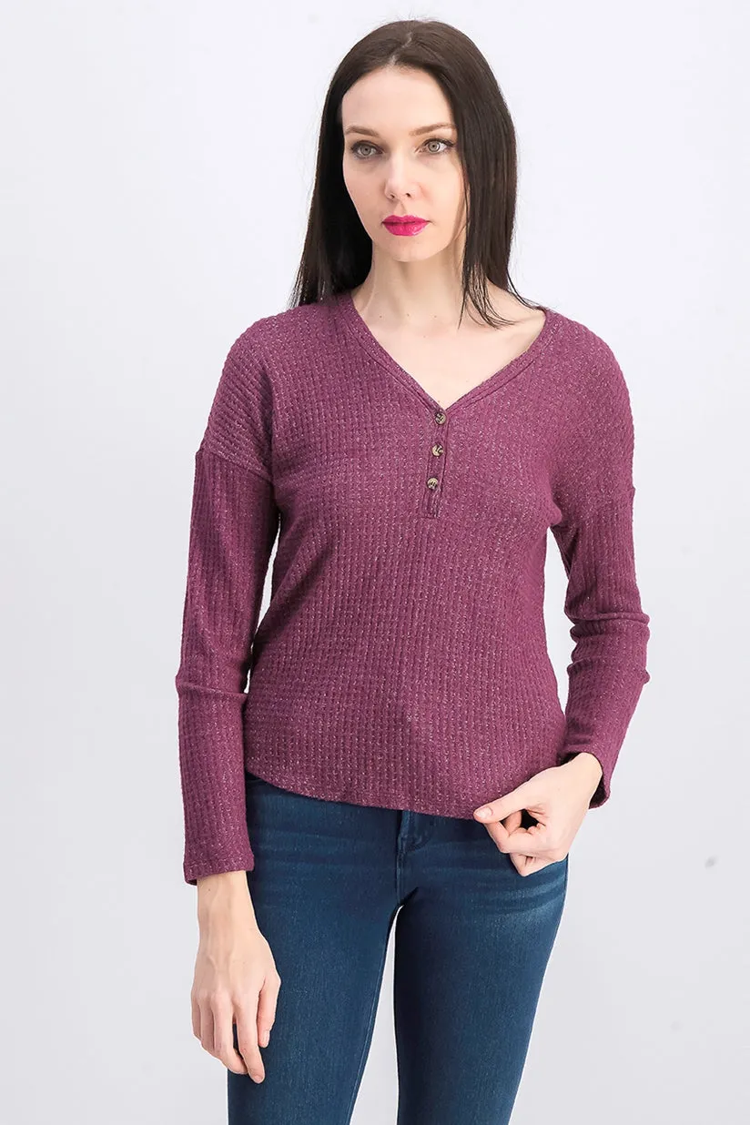 Hippie Rose Juniors' Henley Waffle Knit Top Purple Size Large