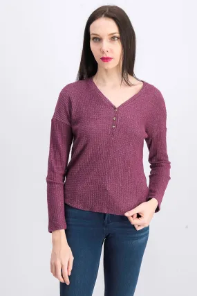 Hippie Rose Juniors' Henley Waffle Knit Top Purple Size Large