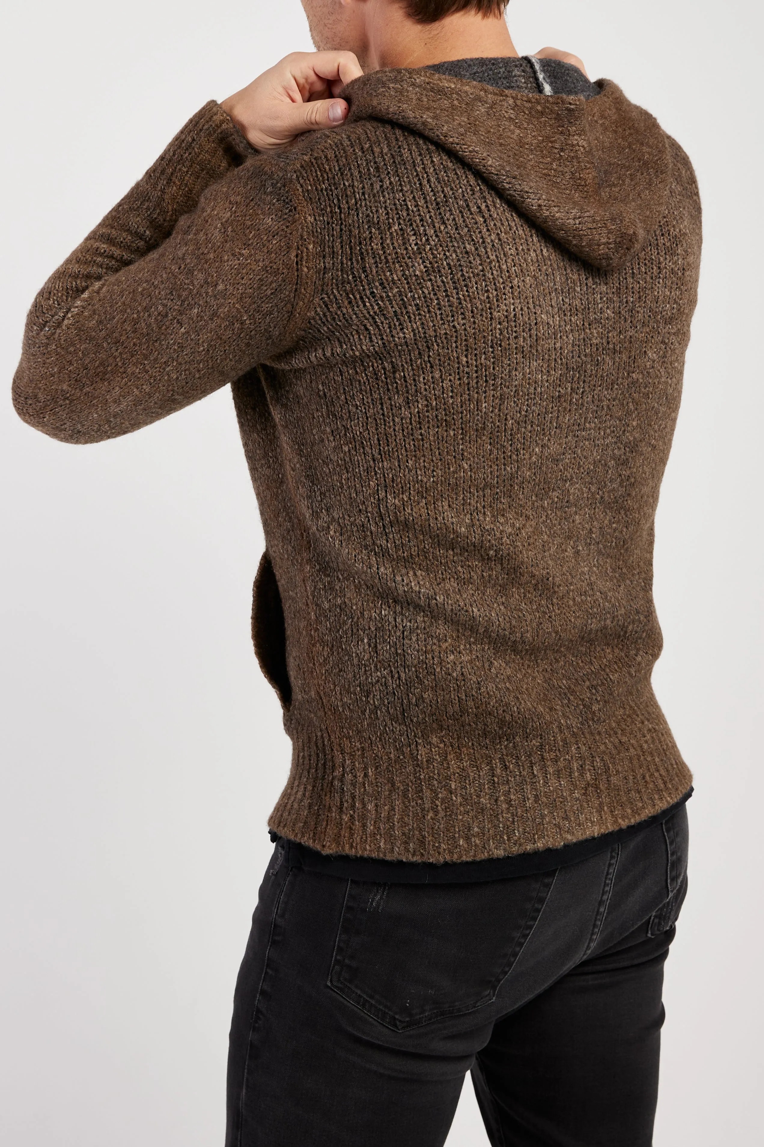 Hooded Brushed Cotton Zip Cardigan in Sughero