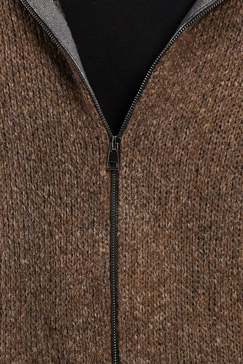 Hooded Brushed Cotton Zip Cardigan in Sughero