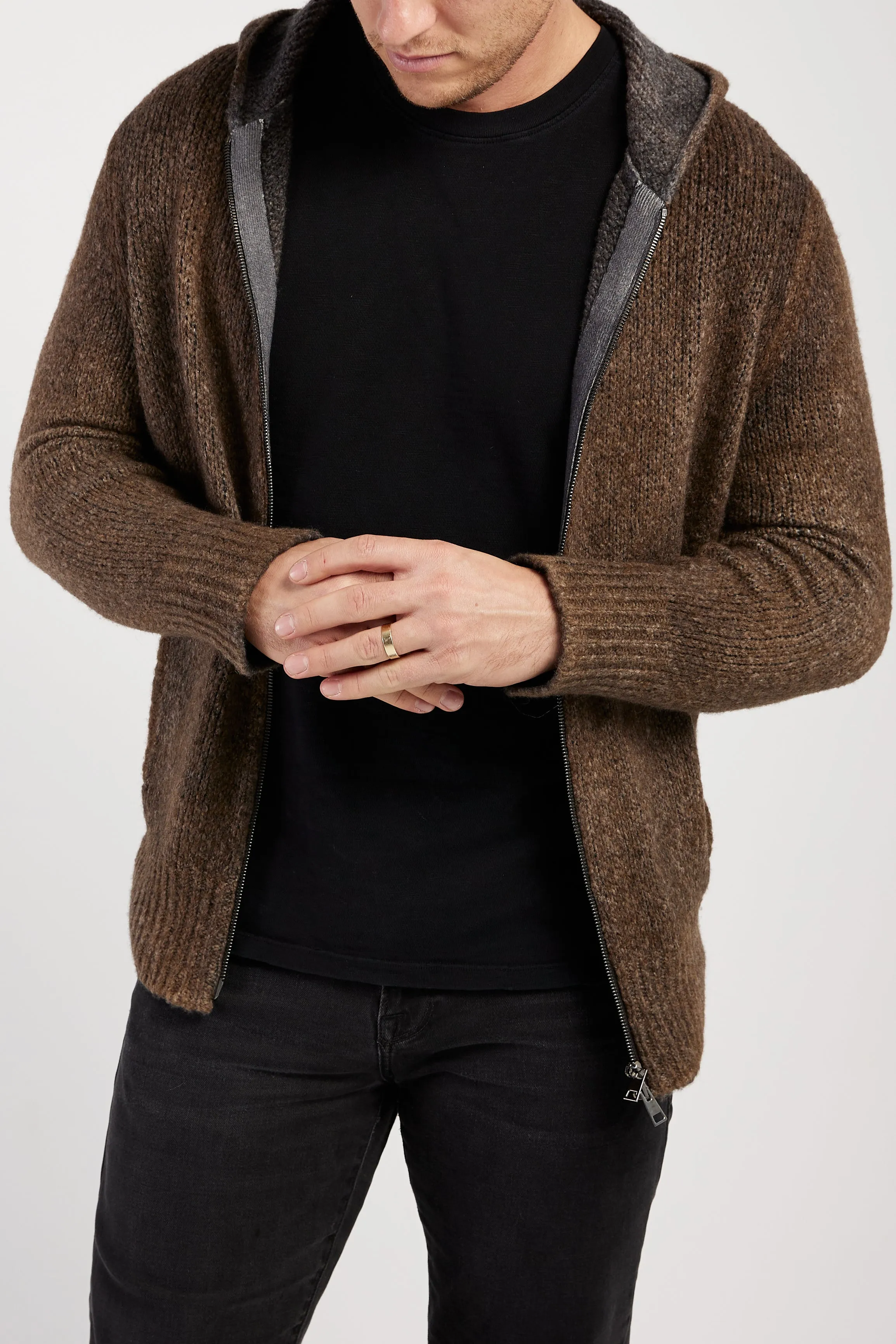 Hooded Brushed Cotton Zip Cardigan in Sughero