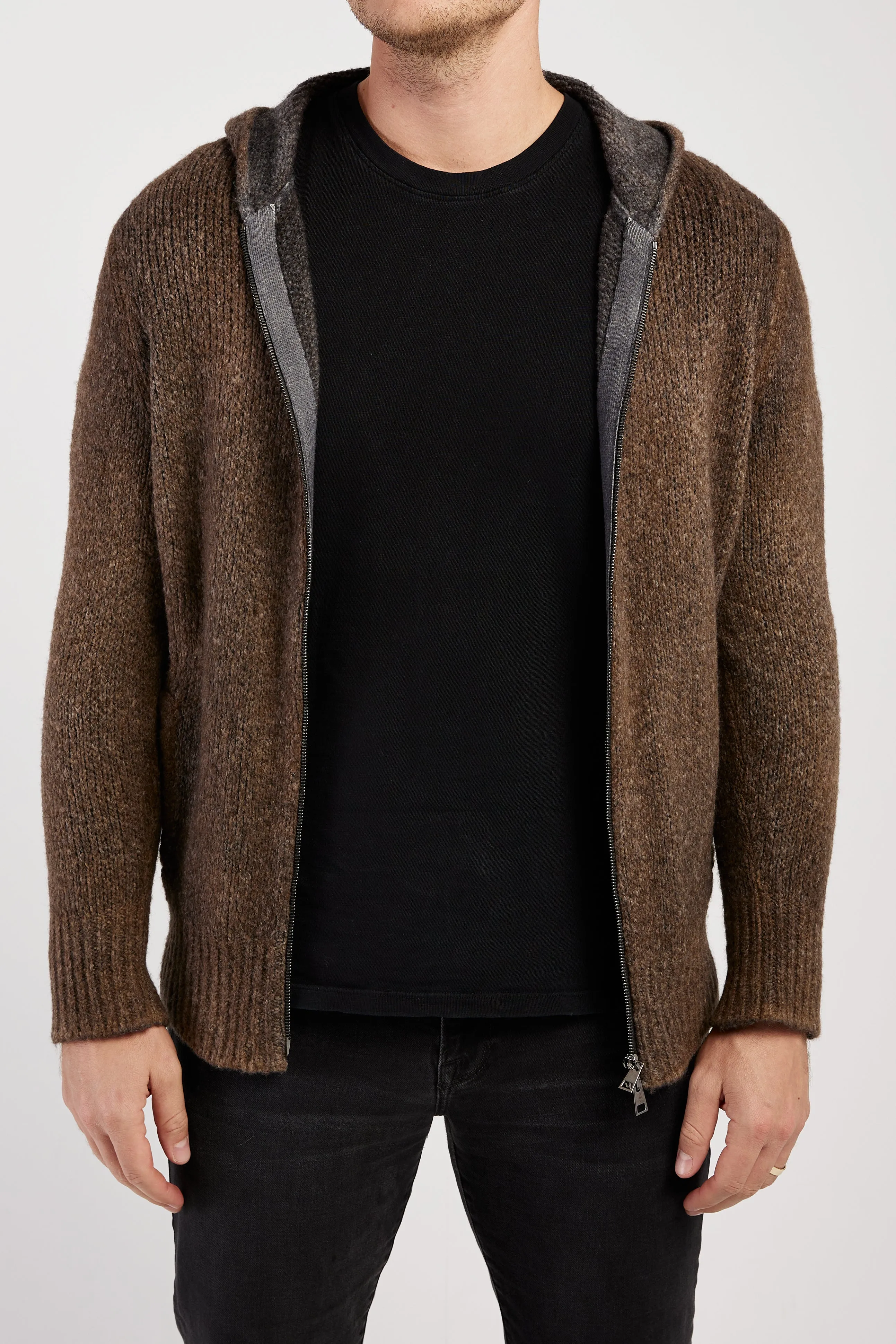 Hooded Brushed Cotton Zip Cardigan in Sughero
