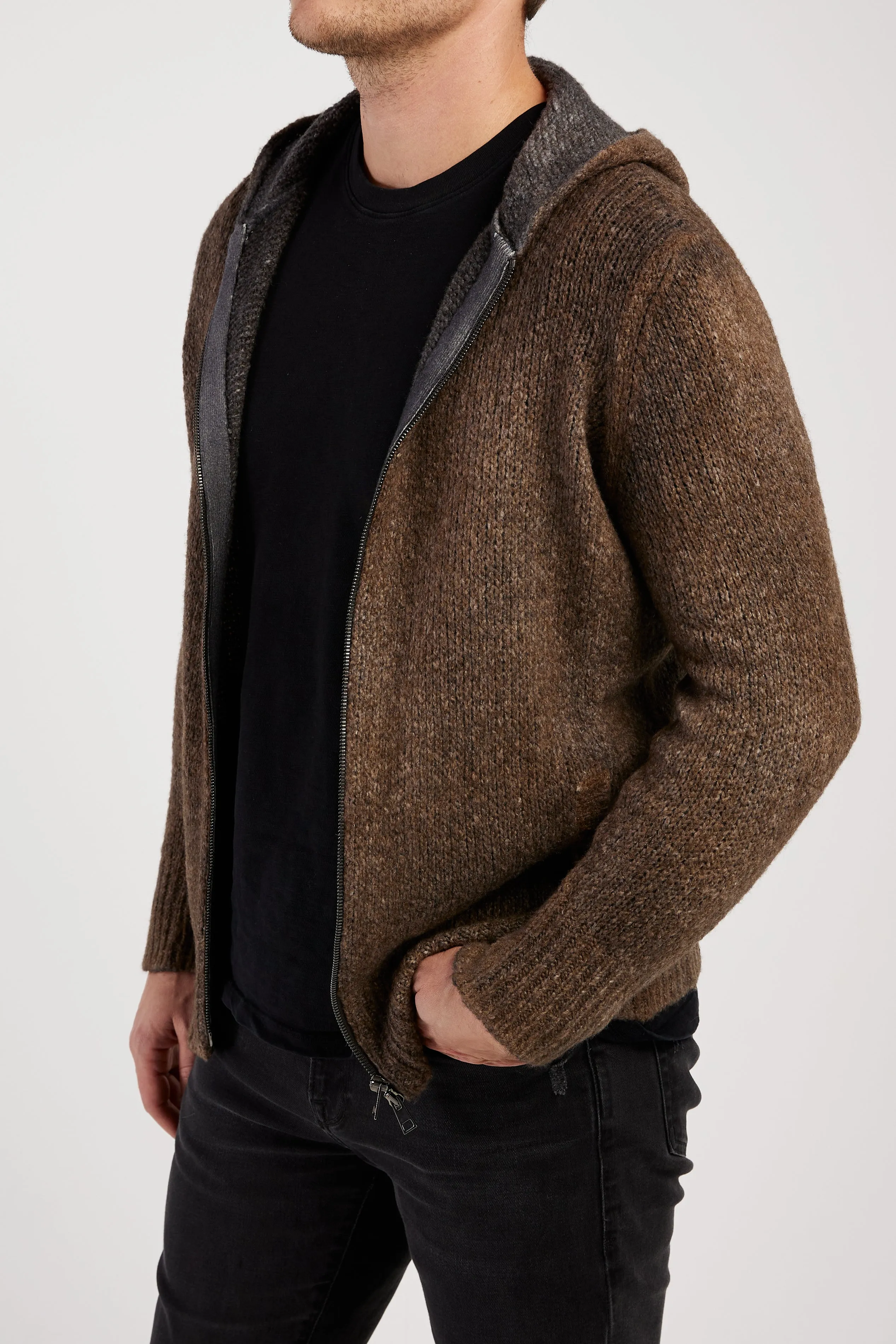 Hooded Brushed Cotton Zip Cardigan in Sughero