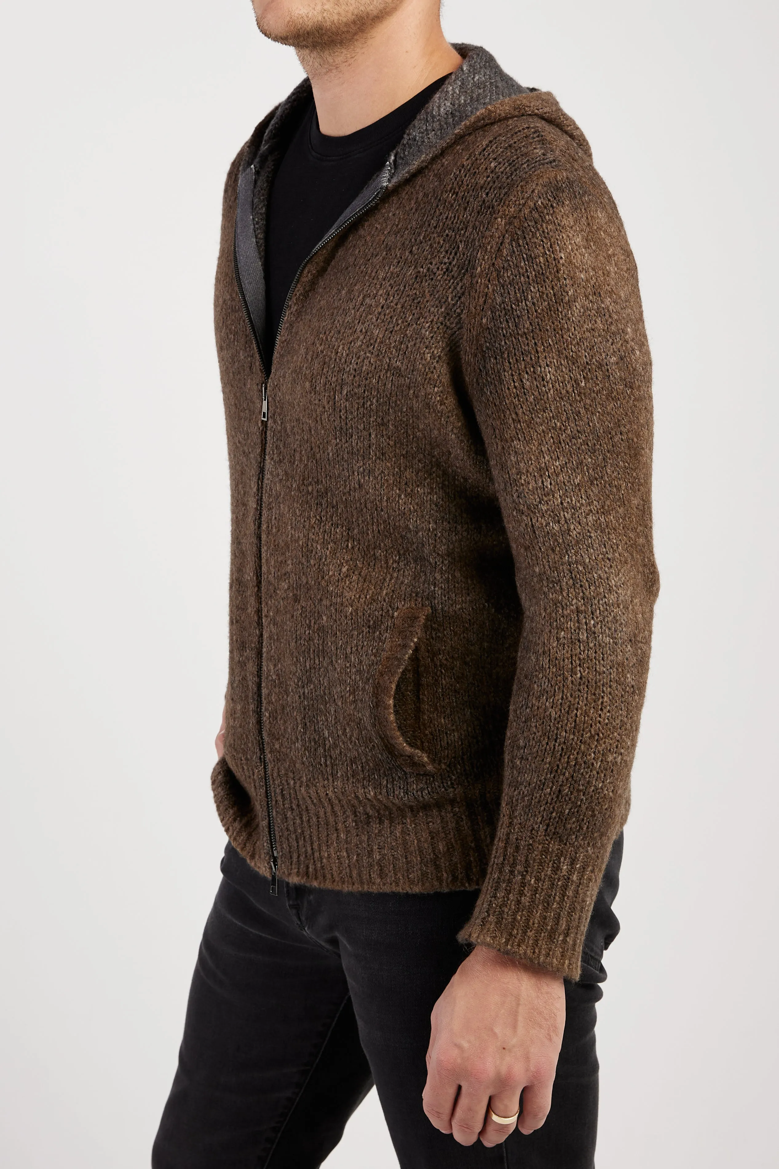 Hooded Brushed Cotton Zip Cardigan in Sughero