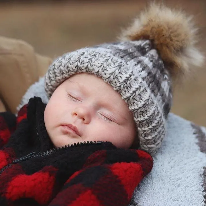 Huggalugs Pom Pom Beanie - Grey Buffalo Check