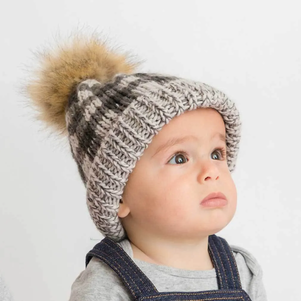 Huggalugs Pom Pom Beanie - Grey Buffalo Check