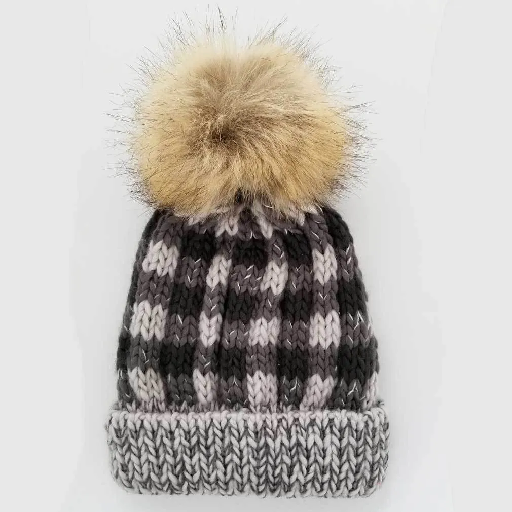 Huggalugs Pom Pom Beanie - Grey Buffalo Check