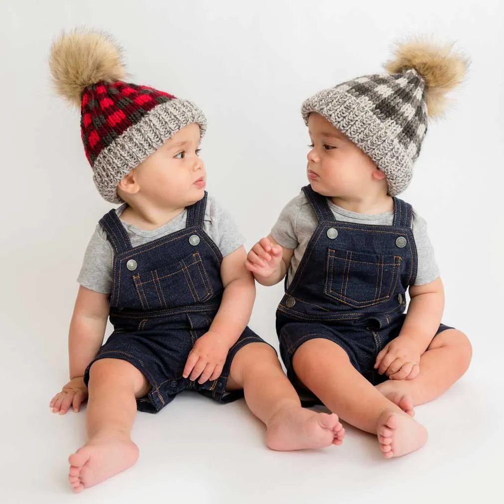 Huggalugs Pom Pom Beanie - Grey Buffalo Check