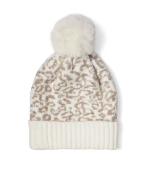 Ivory Leopard-Print Pom-Pom Knit Hat