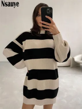 Joskaa Nsauye Casual Winter 2024 Autumn Club Pullover Knitted Women Sweater Jumpers Y2K Oversized Striped Loose Sexy Sweater Dress