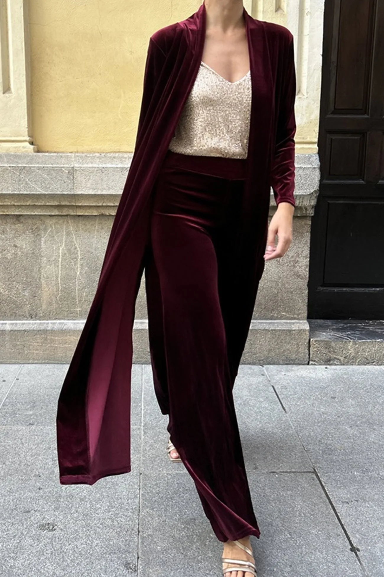 Joskaa Velvet Slit Long Cardigan Two-piece Pants Suits