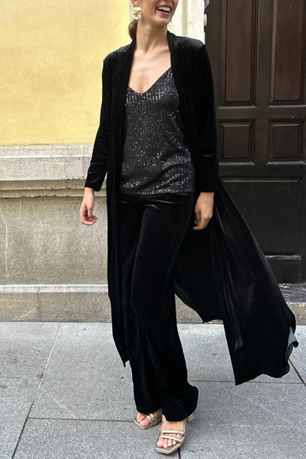 Joskaa Velvet Slit Long Cardigan Two-piece Pants Suits