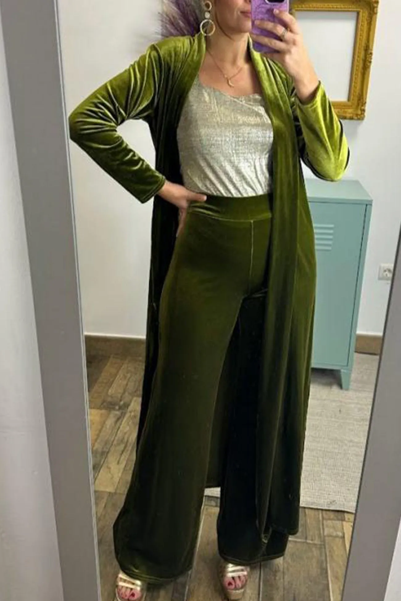 Joskaa Velvet Slit Long Cardigan Two-piece Pants Suits