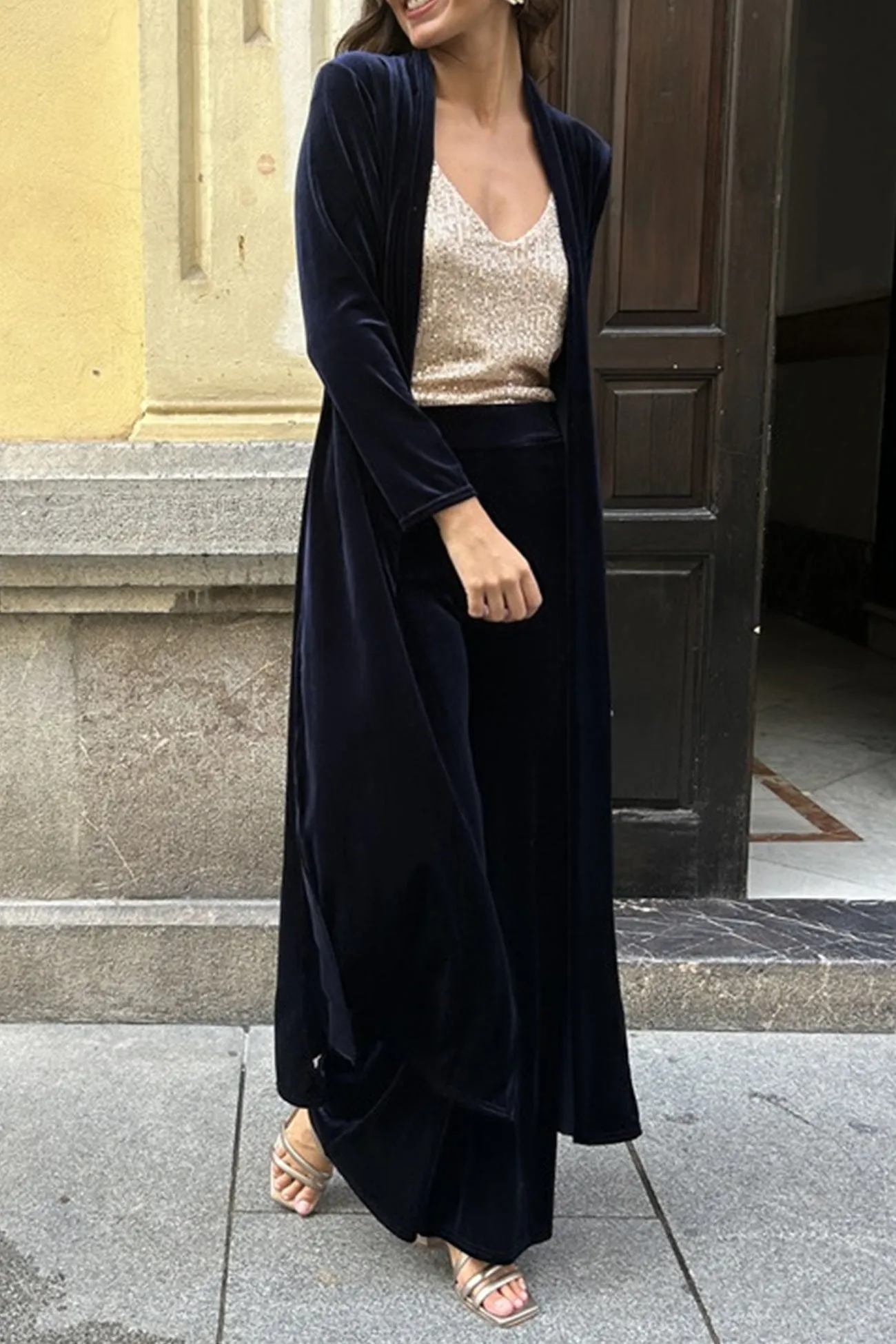 Joskaa Velvet Slit Long Cardigan Two-piece Pants Suits
