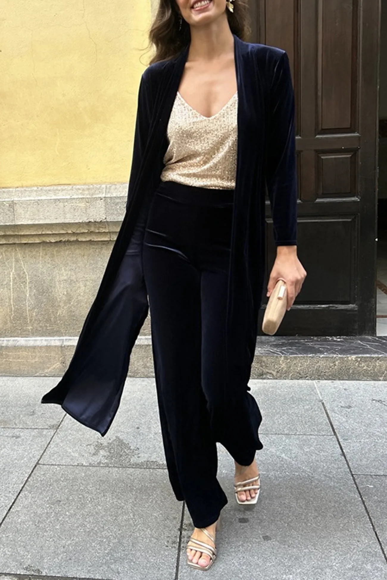 Joskaa Velvet Slit Long Cardigan Two-piece Pants Suits