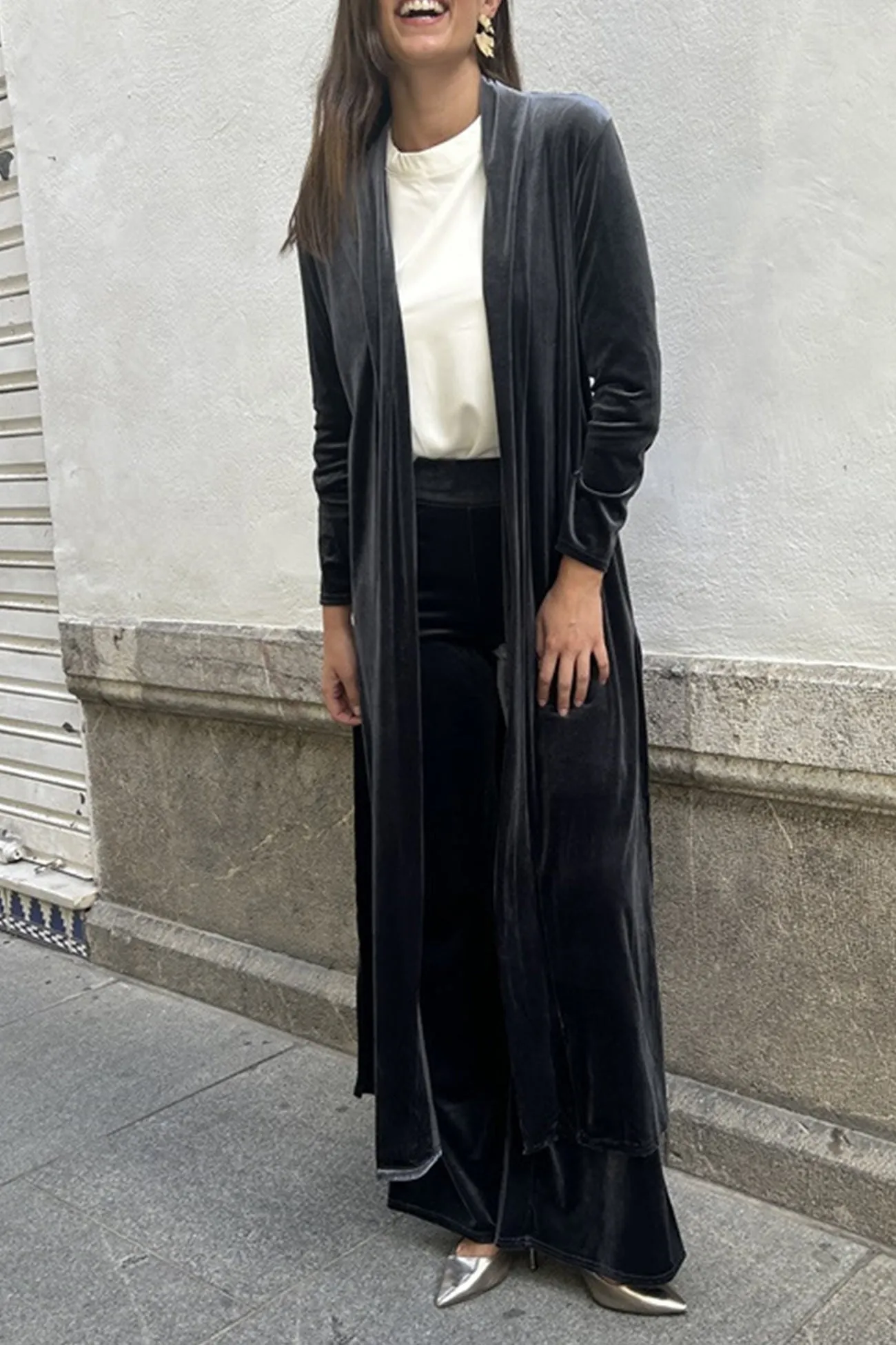 Joskaa Velvet Slit Long Cardigan Two-piece Pants Suits
