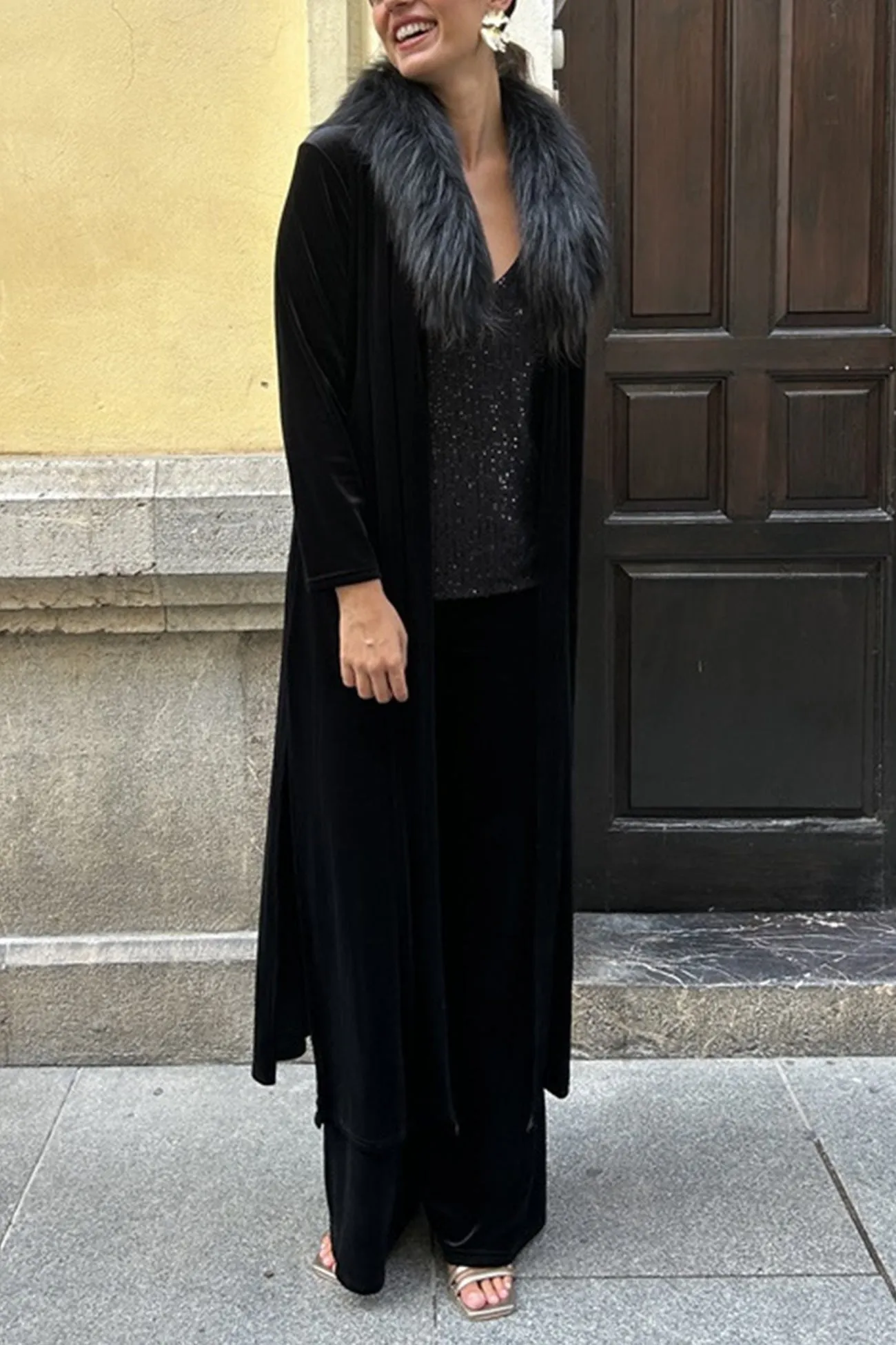 Joskaa Velvet Slit Long Cardigan Two-piece Pants Suits