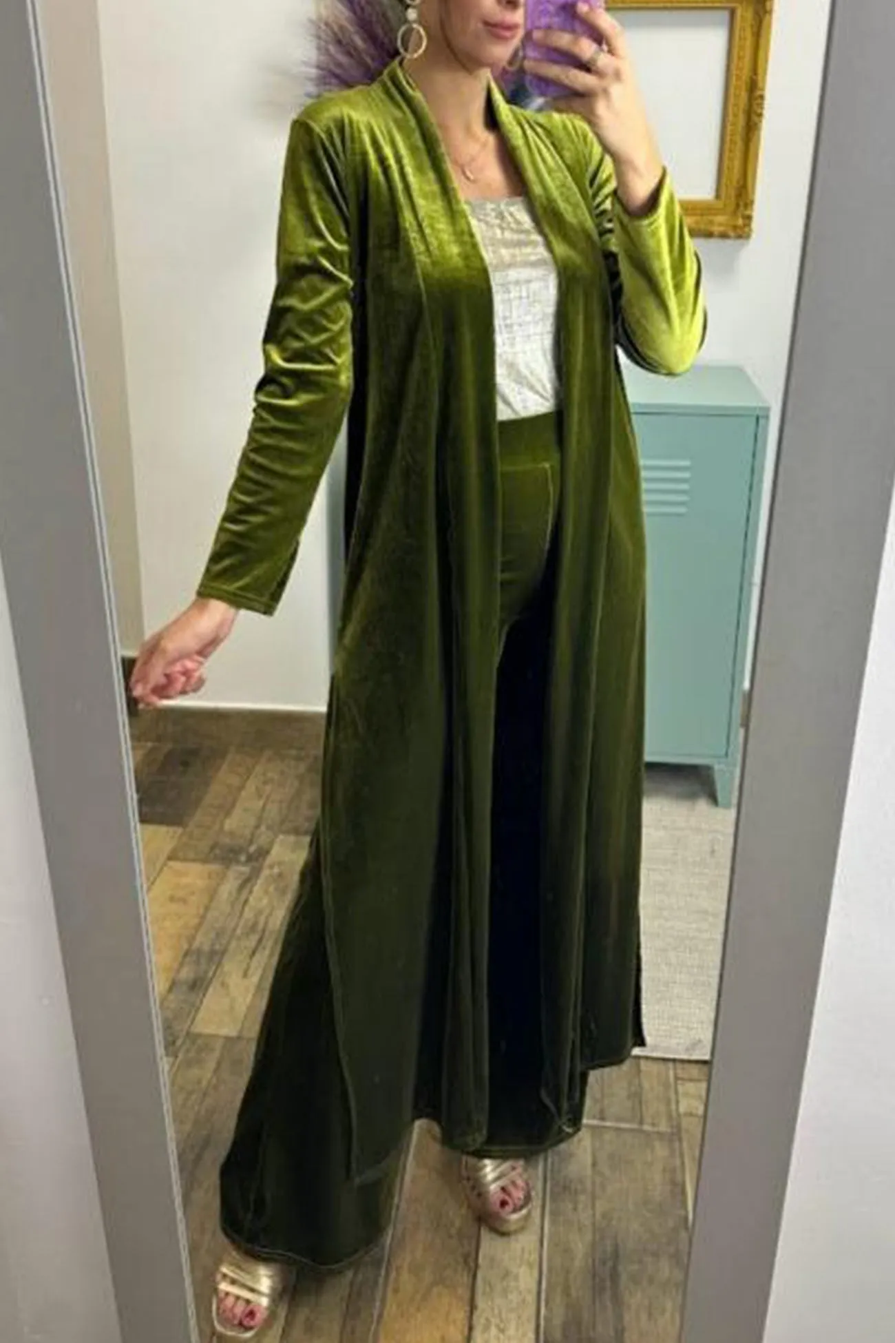Joskaa Velvet Slit Long Cardigan Two-piece Pants Suits