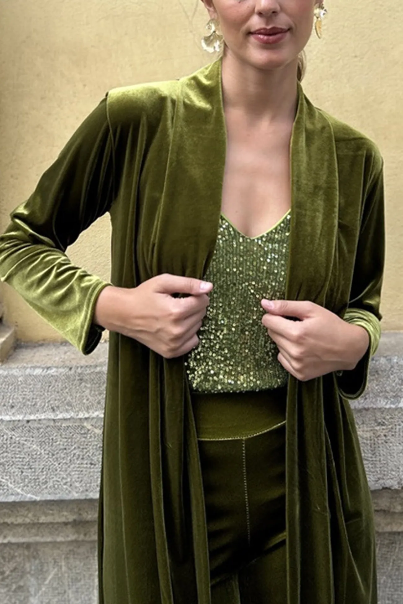 Joskaa Velvet Slit Long Cardigan Two-piece Pants Suits