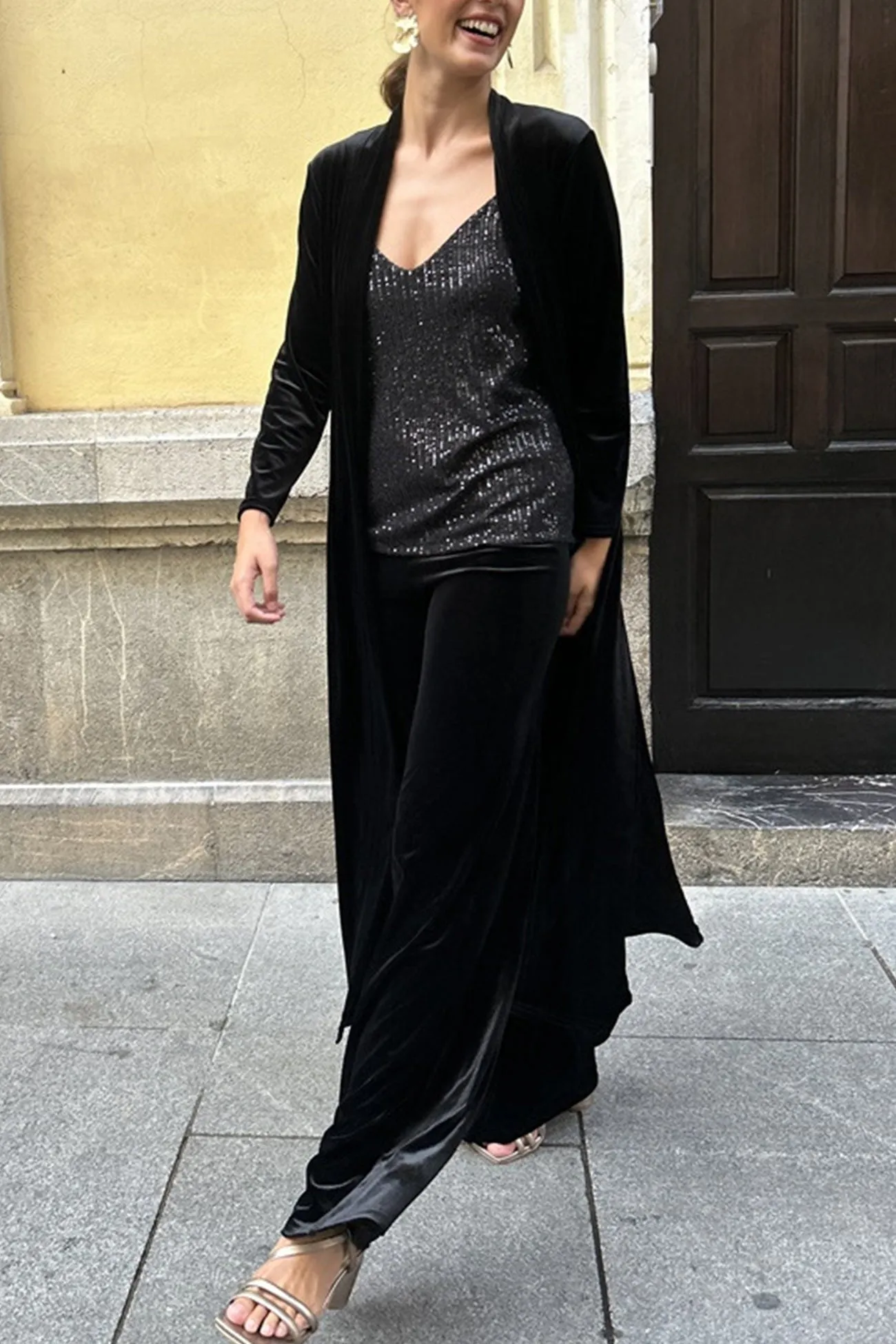 Joskaa Velvet Slit Long Cardigan Two-piece Pants Suits