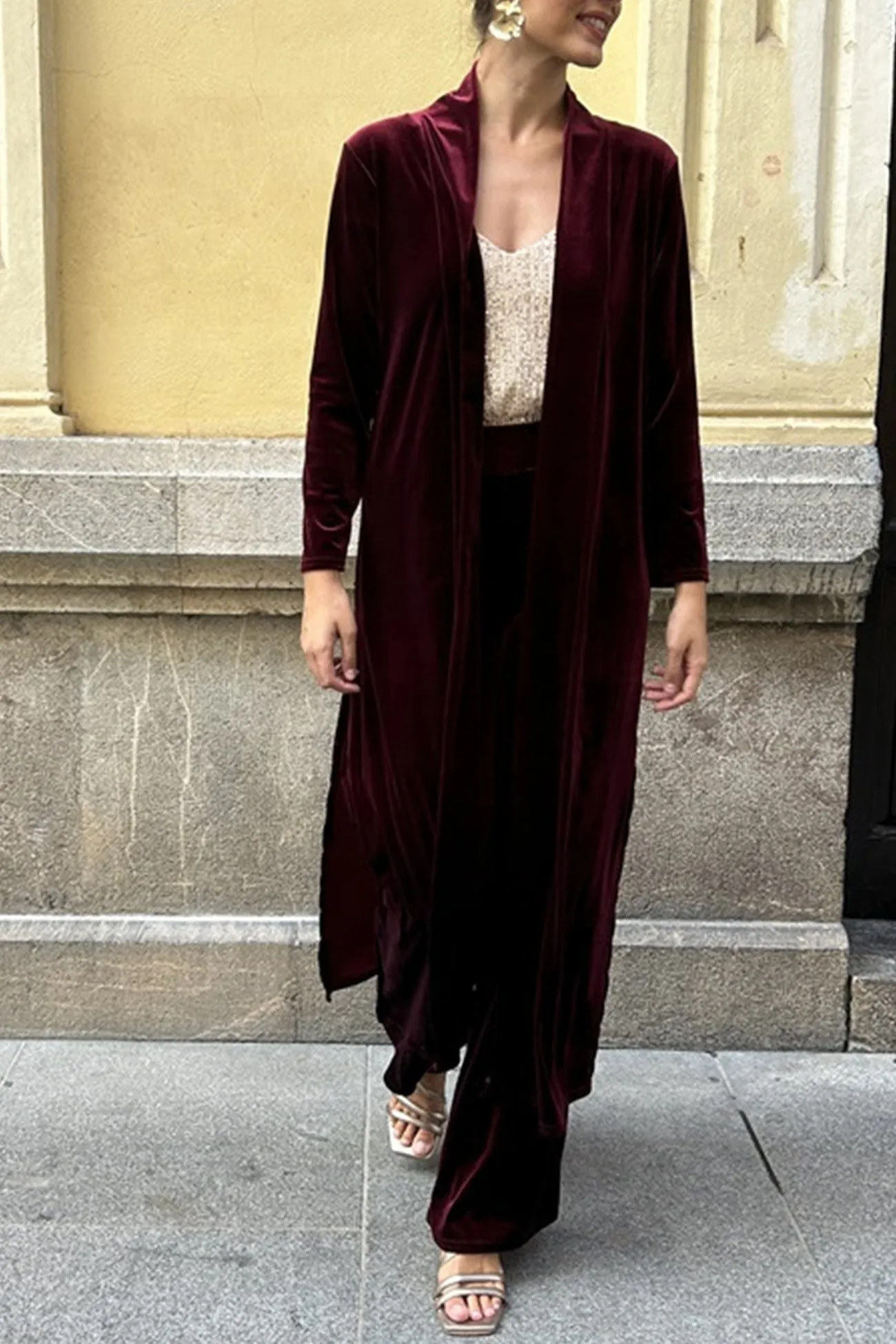 Joskaa Velvet Slit Long Cardigan Two-piece Pants Suits