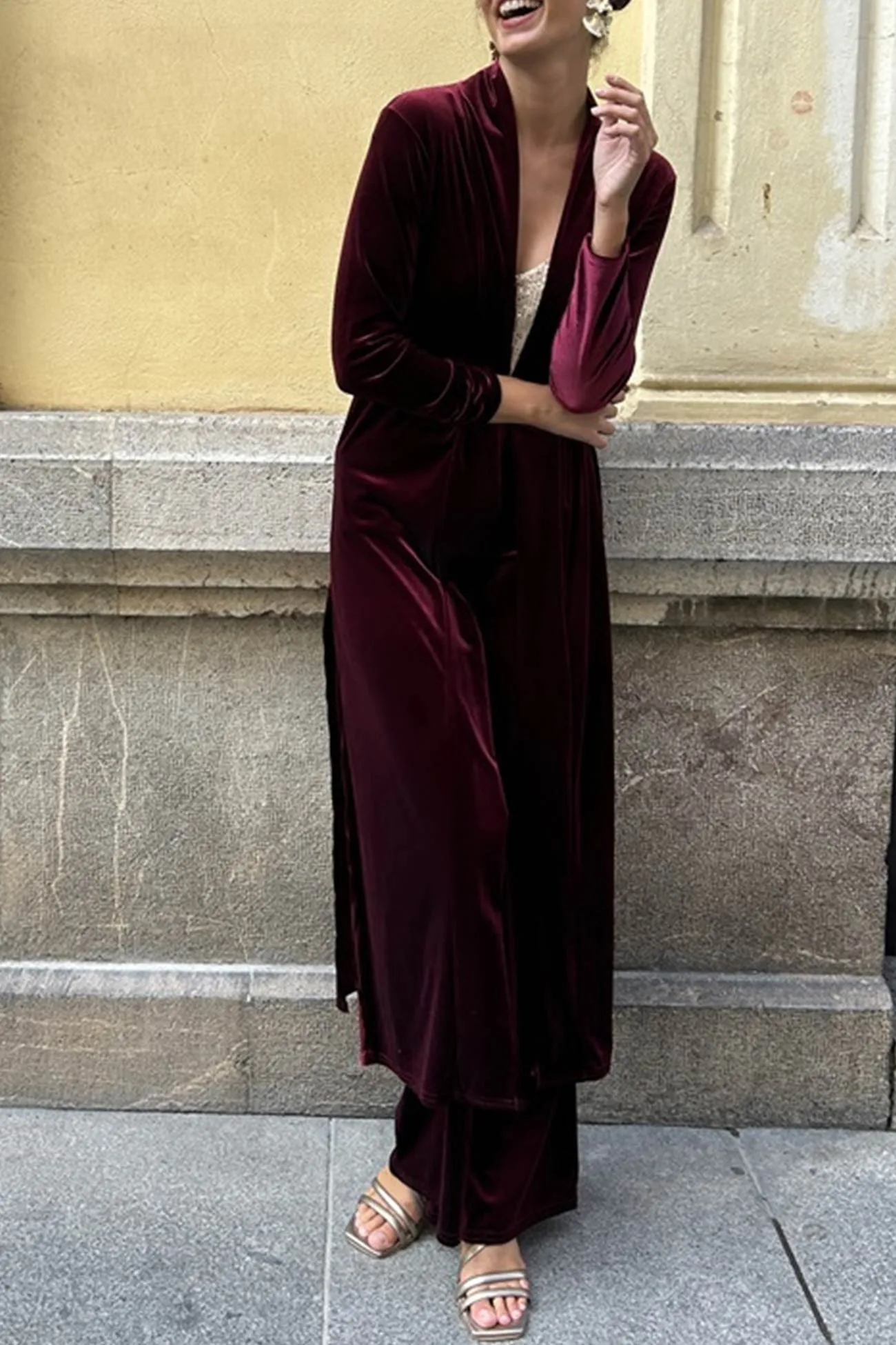 Joskaa Velvet Slit Long Cardigan Two-piece Pants Suits