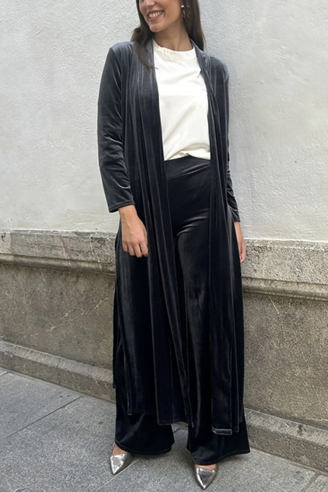 Joskaa Velvet Slit Long Cardigan Two-piece Pants Suits