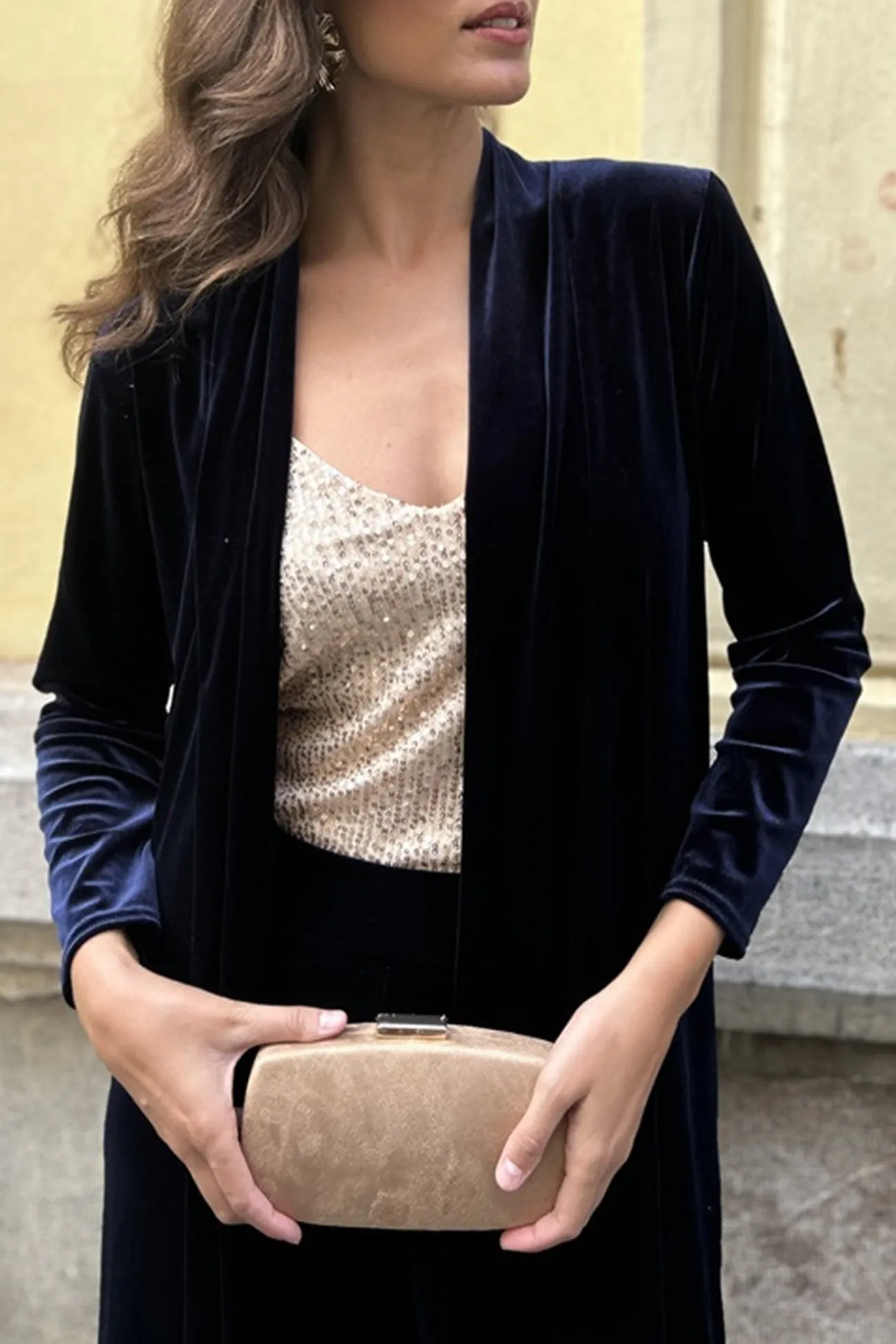 Joskaa Velvet Slit Long Cardigan Two-piece Pants Suits