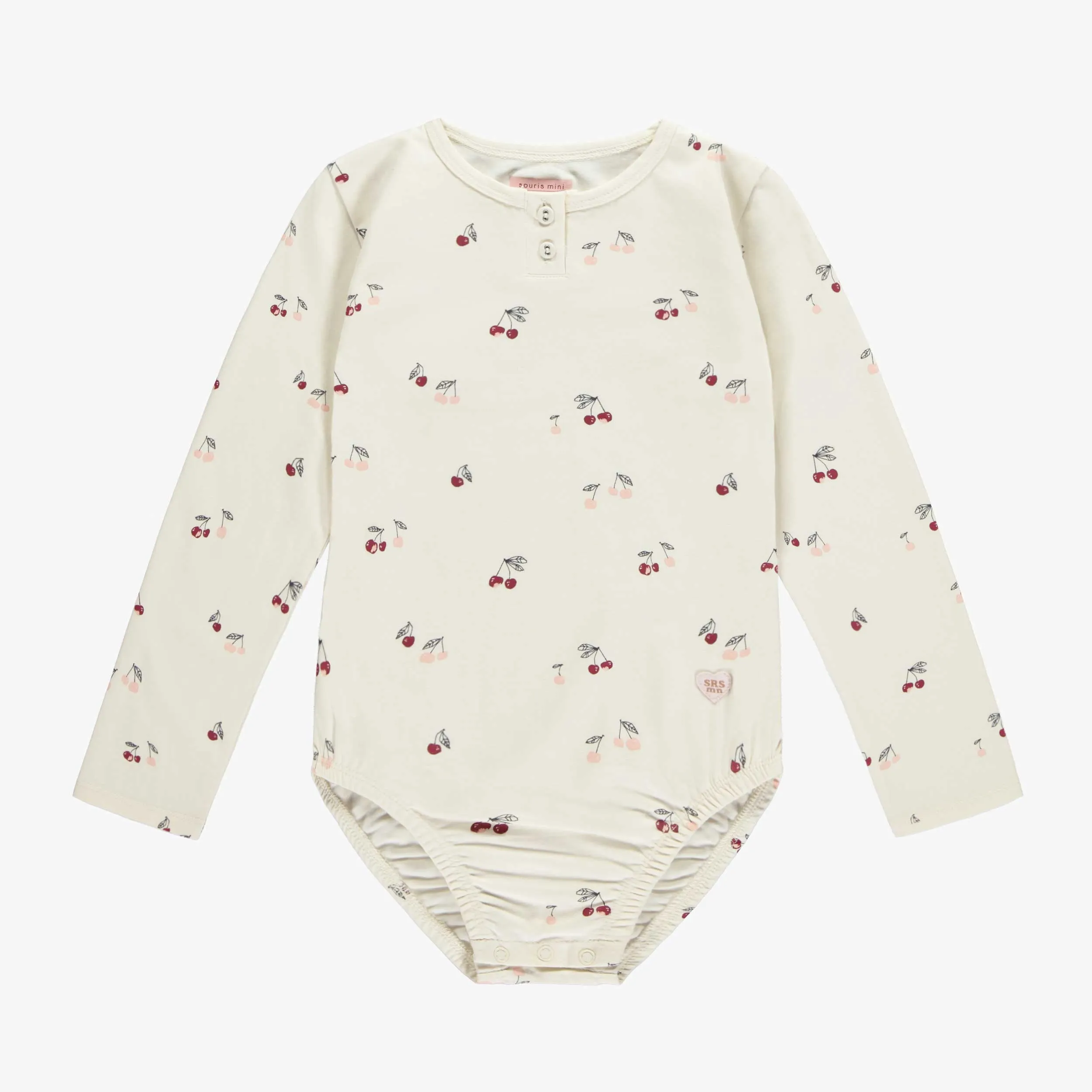 Justaucorps crème avec motifs de cerises en jersey extensible, enfant || Cream bodysuit with cherries print in stretch jersey, child