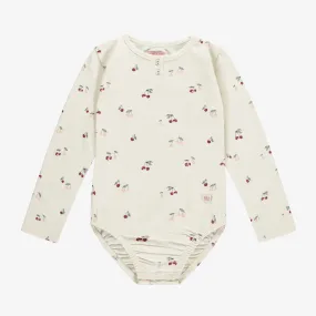 Justaucorps crème avec motifs de cerises en jersey extensible, enfant || Cream bodysuit with cherries print in stretch jersey, child