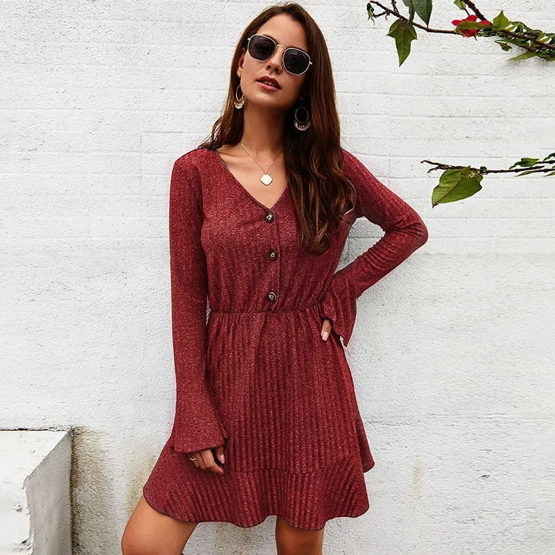 Knitted Women Solid Leisure Sweater Dress
