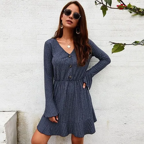 Knitted Women Solid Leisure Sweater Dress