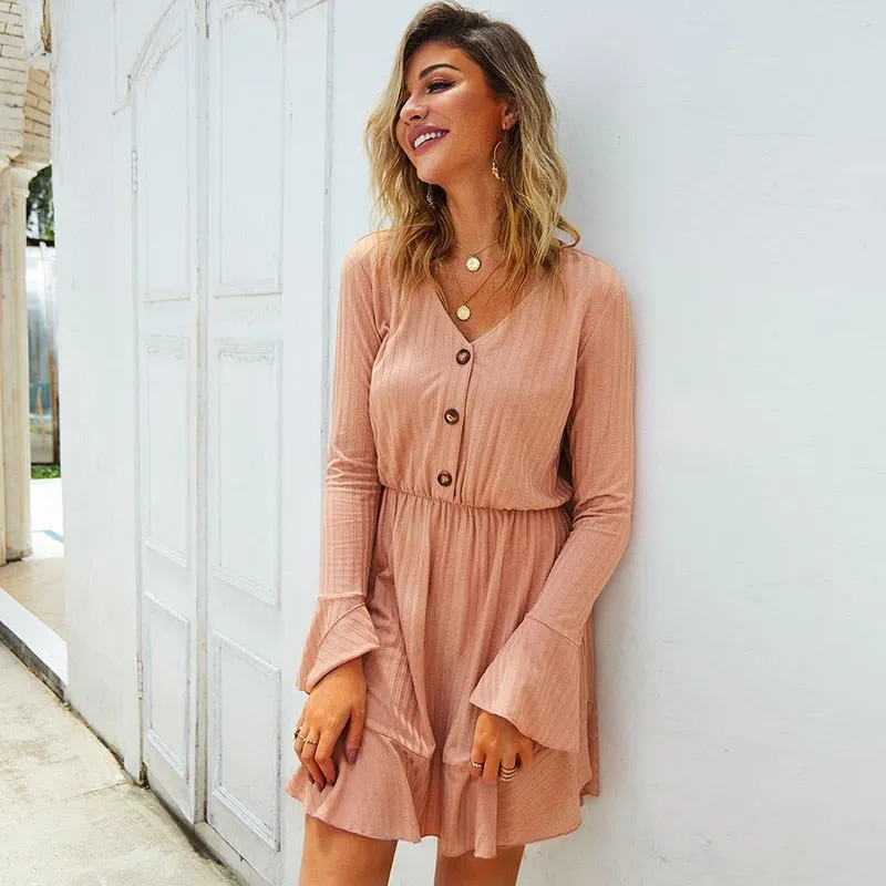 Knitted Women Solid Leisure Sweater Dress
