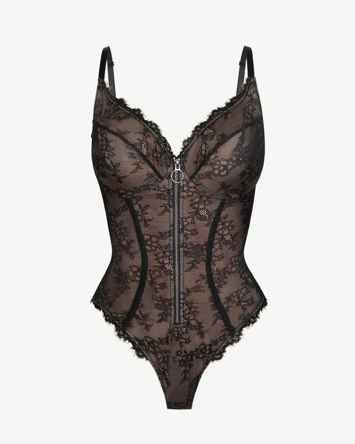Lace Glamour Flawless Zip Front Thong Bodysuit