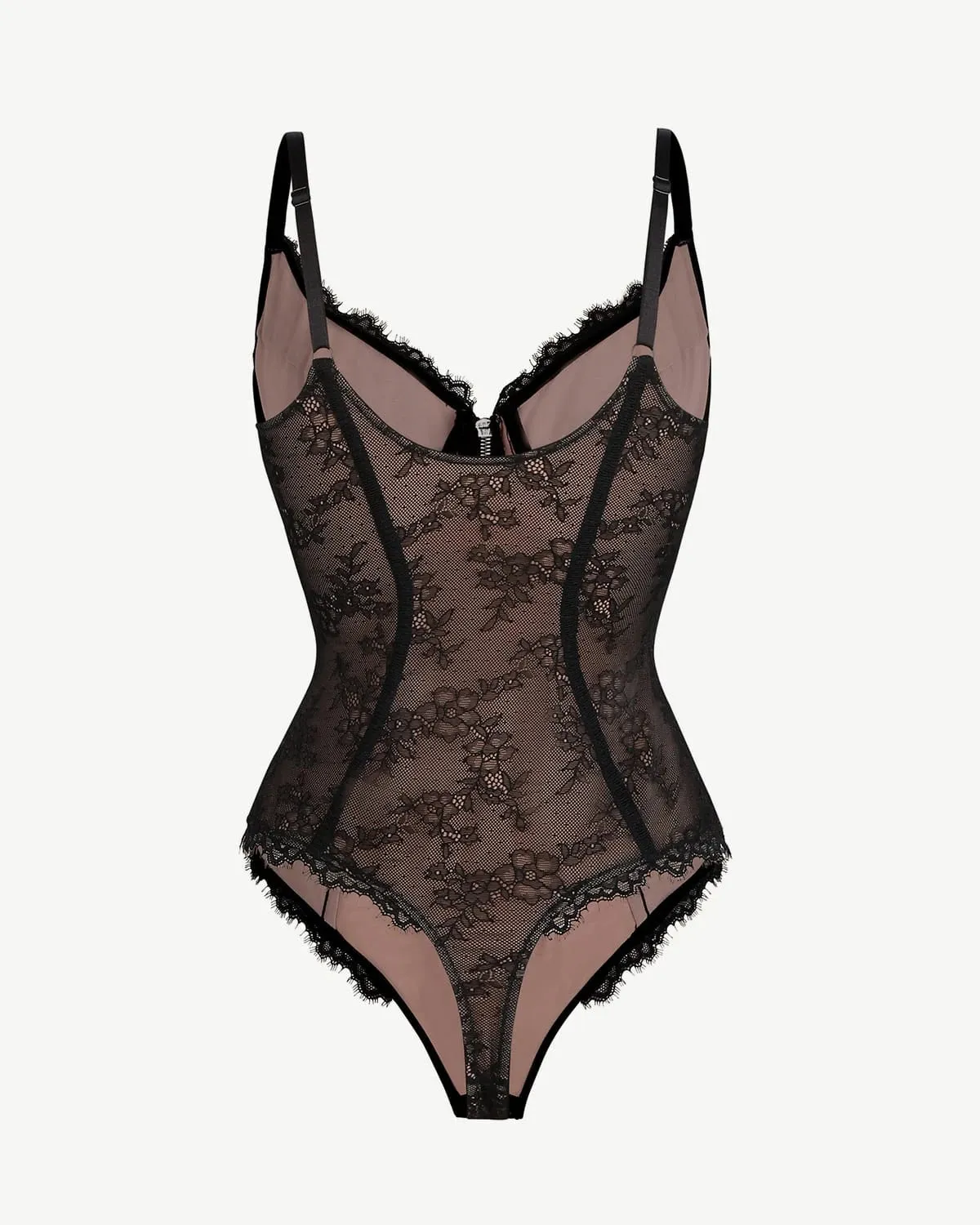 Lace Glamour Flawless Zip Front Thong Bodysuit