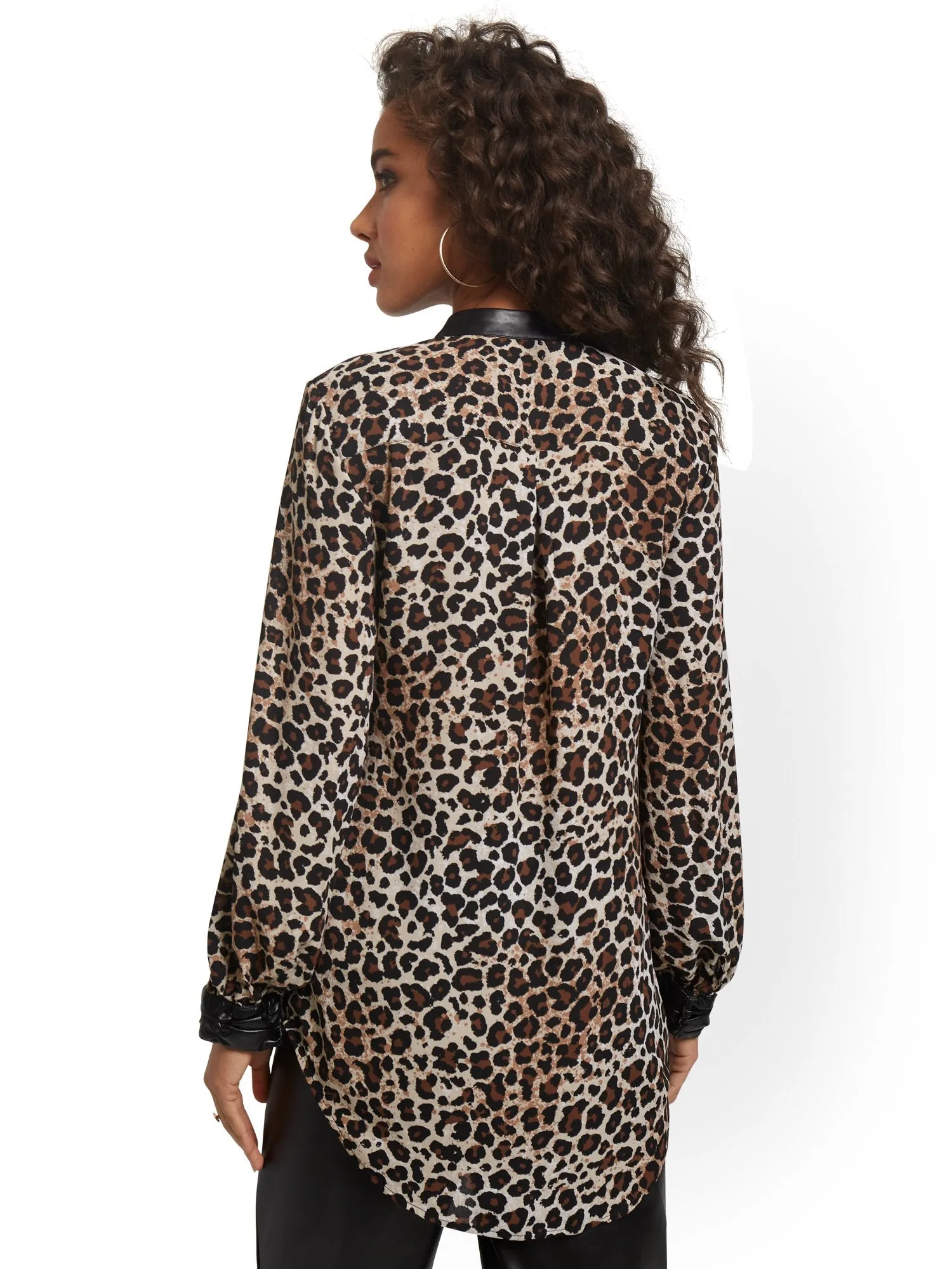 Leopard-Print Faux-Leather Trim Tunic Top