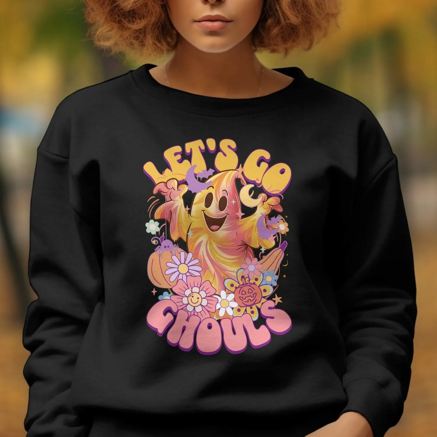 Let's Go Ghouls Halloween T-Shirt, Cute Ghost Graphic Tee, Pumpkin and Flower Design, Fun Festive Shirt, Hippie, Peace, Love, Sweatshirt