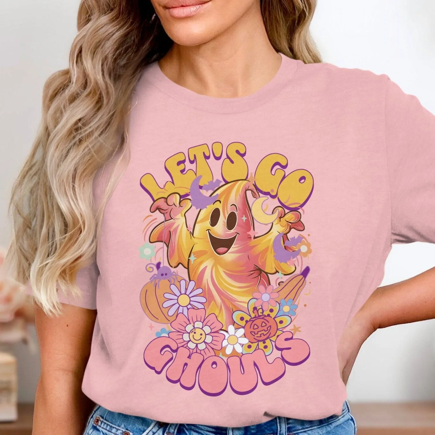 Let's Go Ghouls Halloween T-Shirt, Cute Ghost Graphic Tee, Pumpkin and Flower Design, Fun Festive Shirt, Hippie, Peace, Love, Sweatshirt