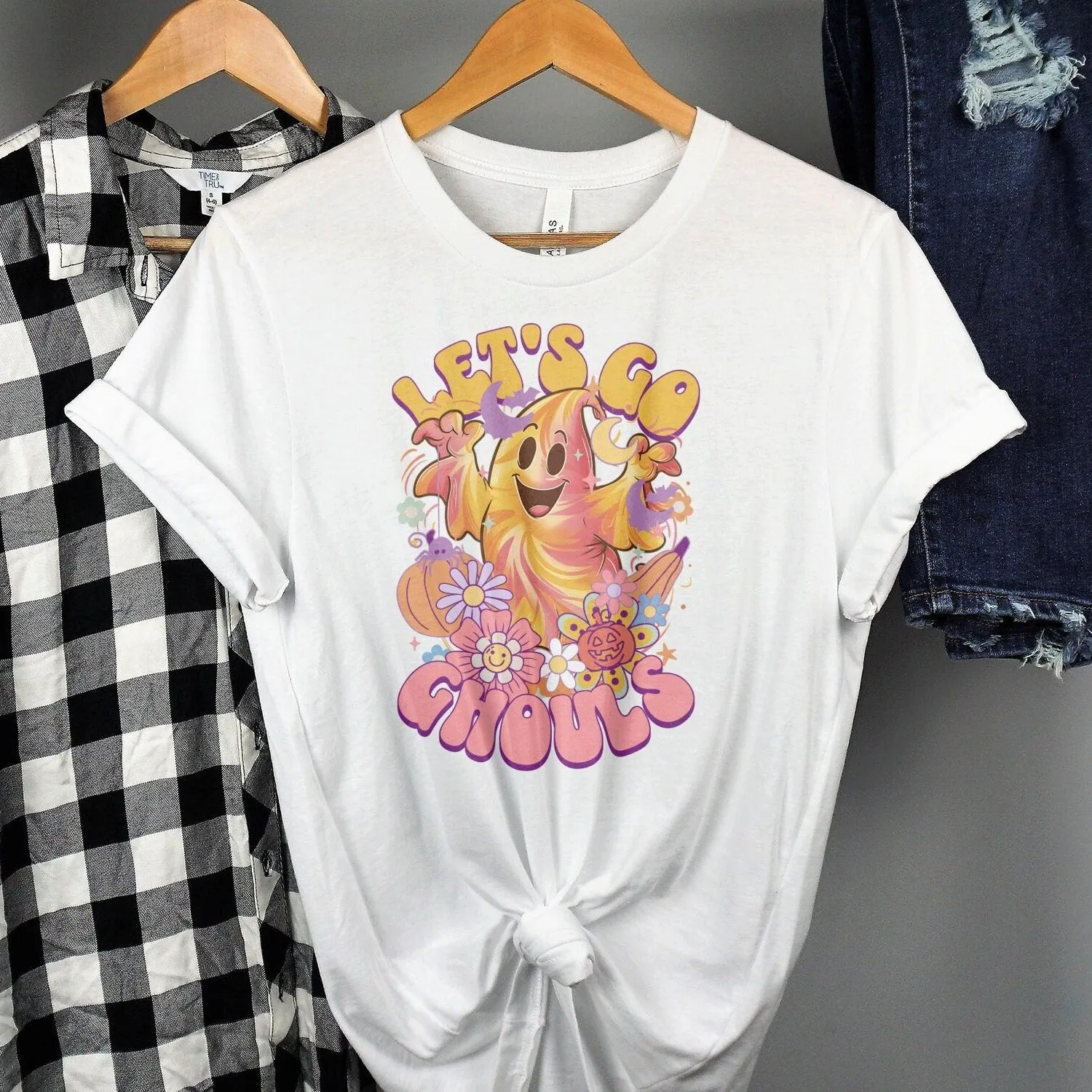 Let's Go Ghouls Halloween T-Shirt, Cute Ghost Graphic Tee, Pumpkin and Flower Design, Fun Festive Shirt, Hippie, Peace, Love, Sweatshirt