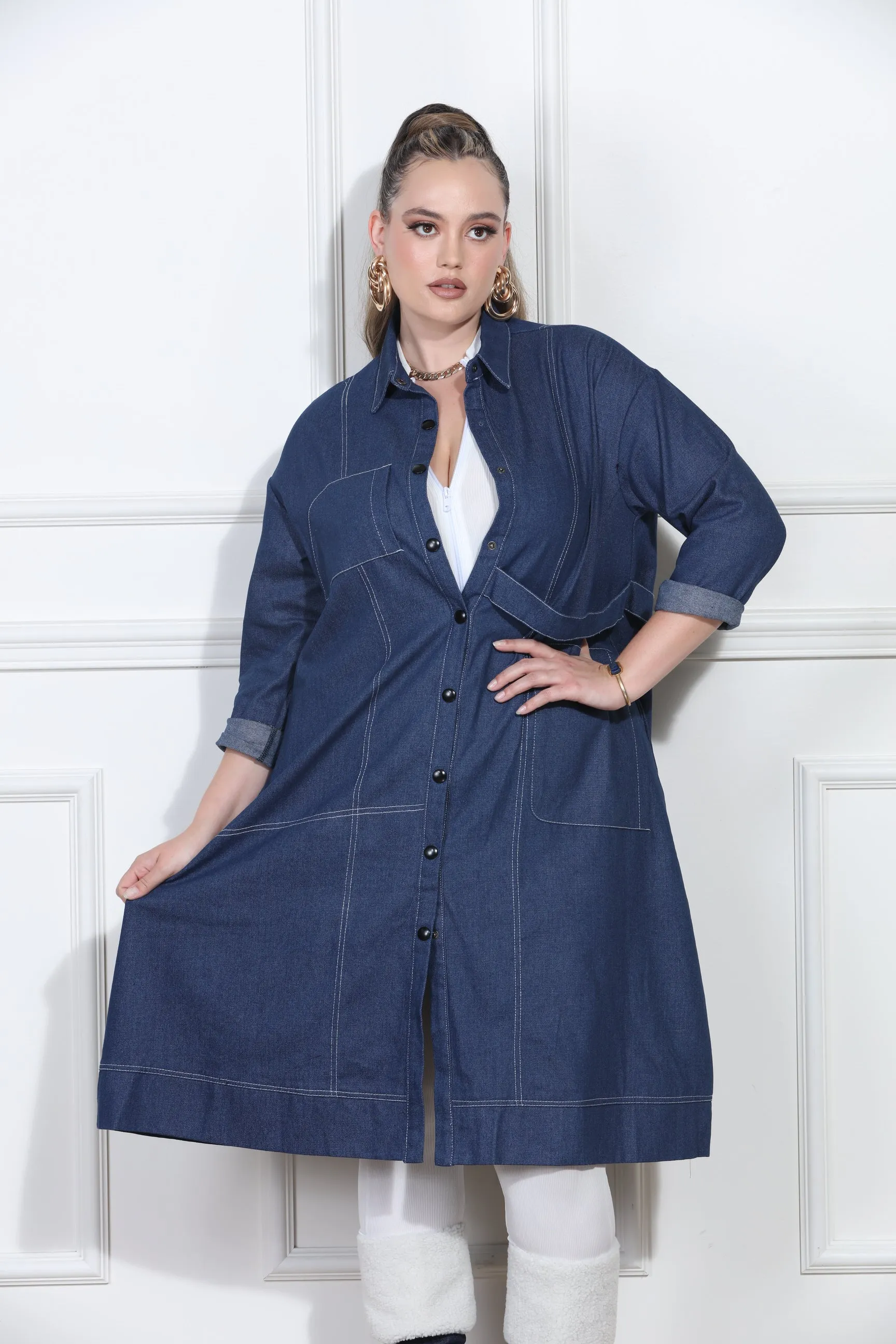 Luxe Moda LM413 - Blue Denim - Denim Coat Dress