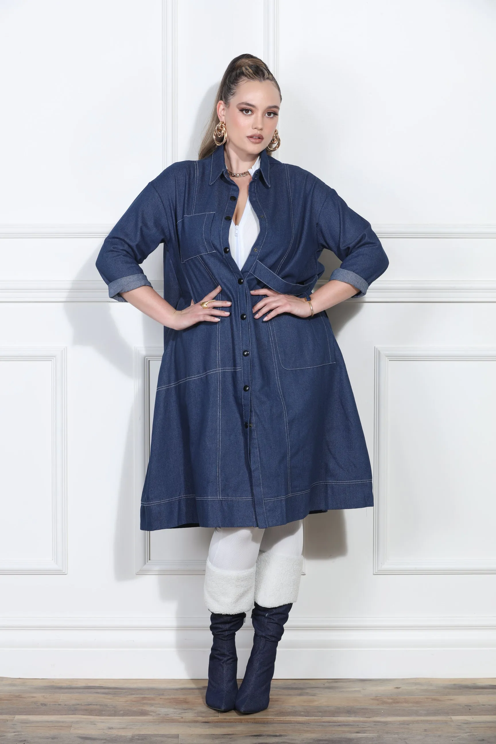 Luxe Moda LM413 - Blue Denim - Denim Coat Dress