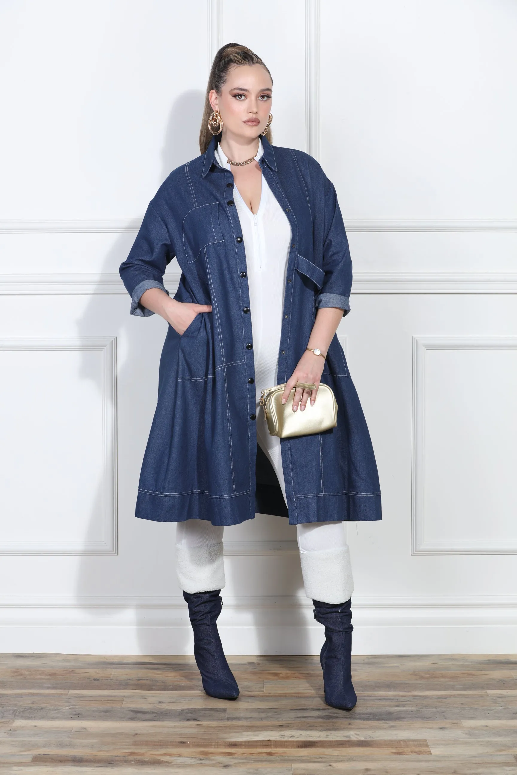 Luxe Moda LM413 - Blue Denim - Denim Coat Dress