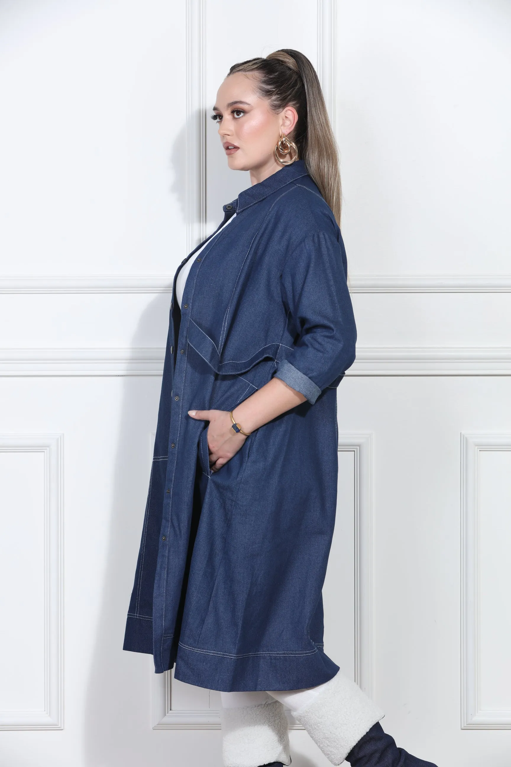 Luxe Moda LM413 - Blue Denim - Denim Coat Dress