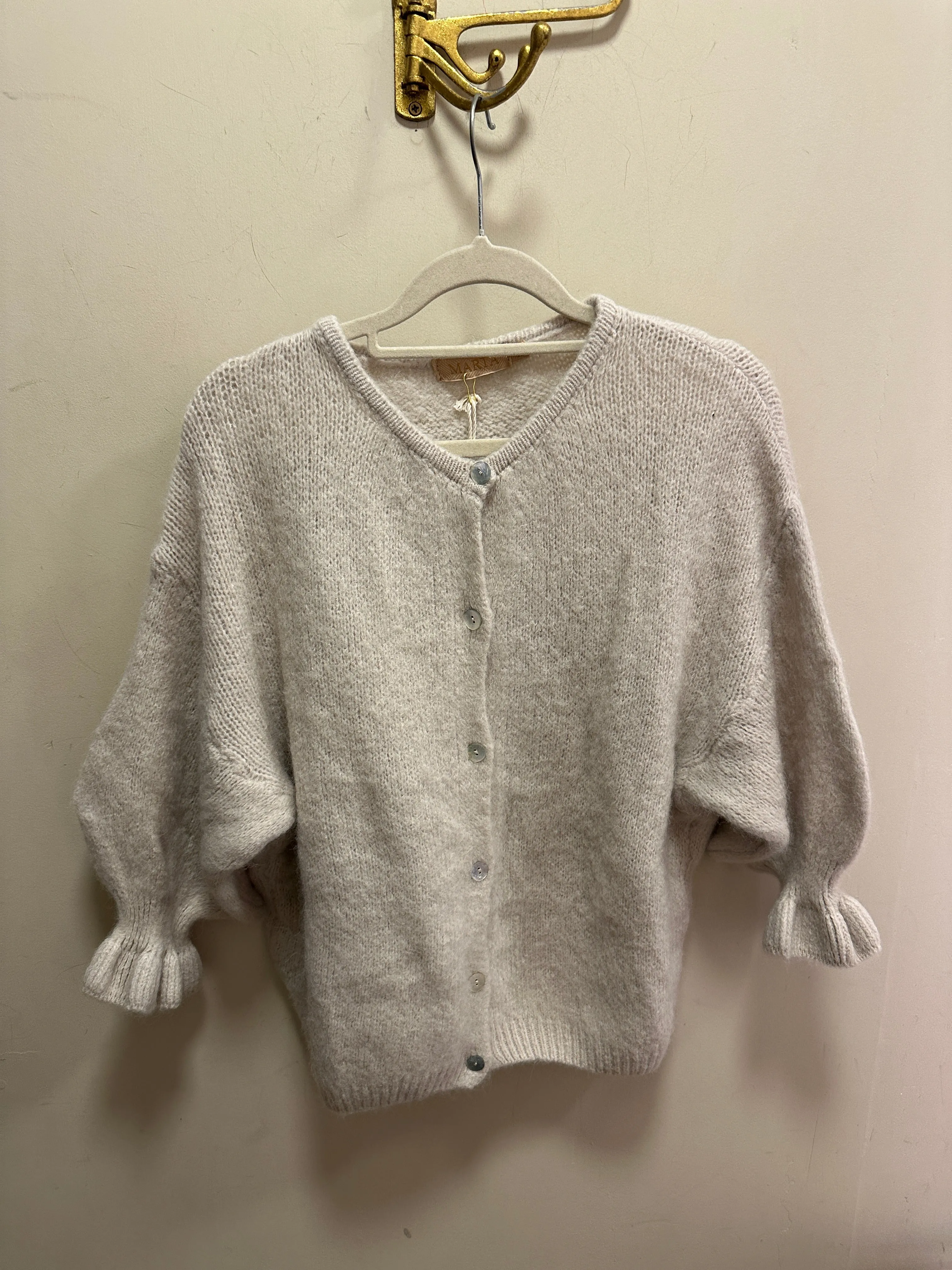 Marta Du Chateau Alpaca Mix Frill Sleeve Cardigan in Oatmeal