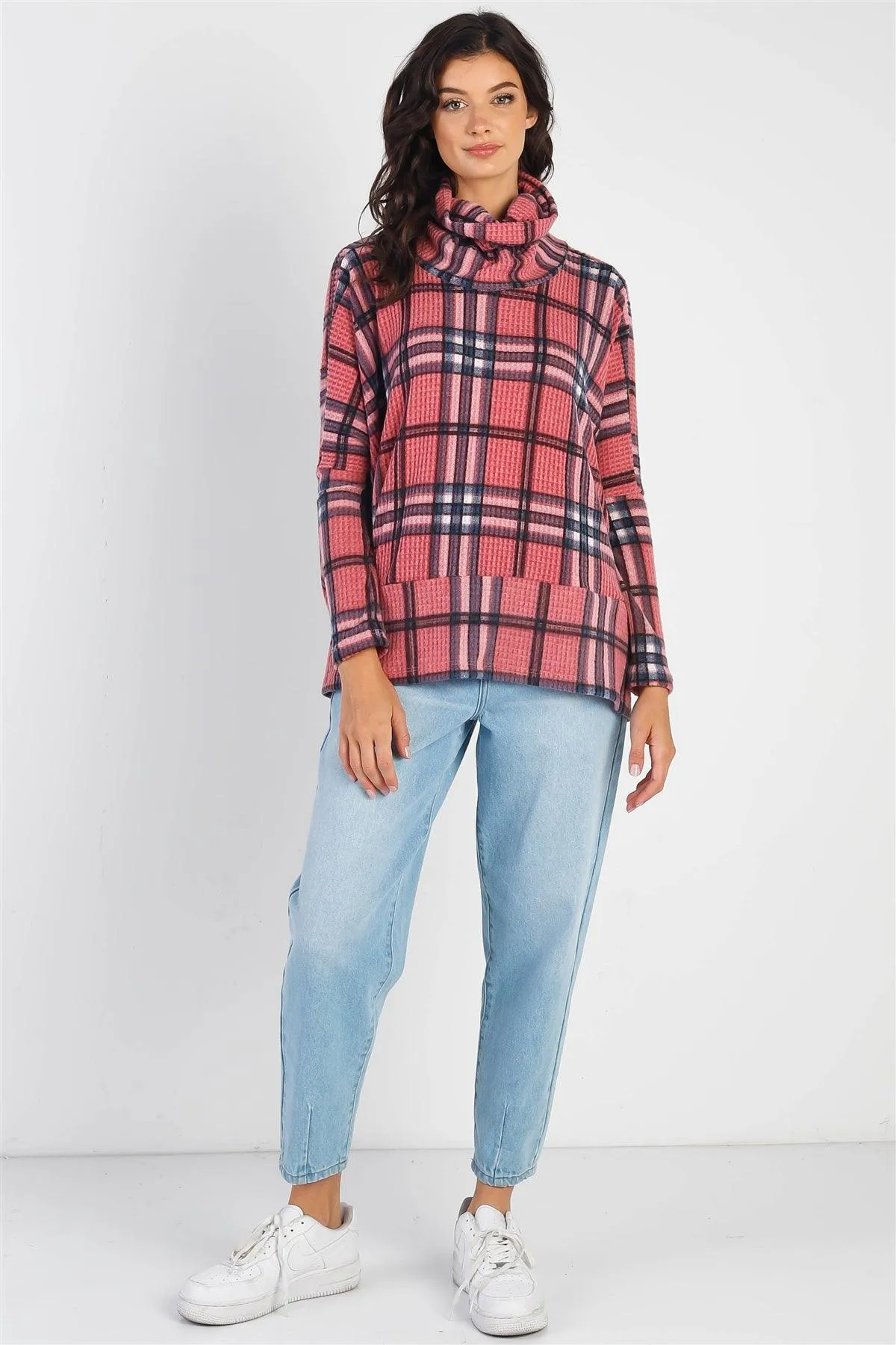 Mauve Waffle Knit Flannel Plaid Turtle Neck Long Sleeve Top /1-1