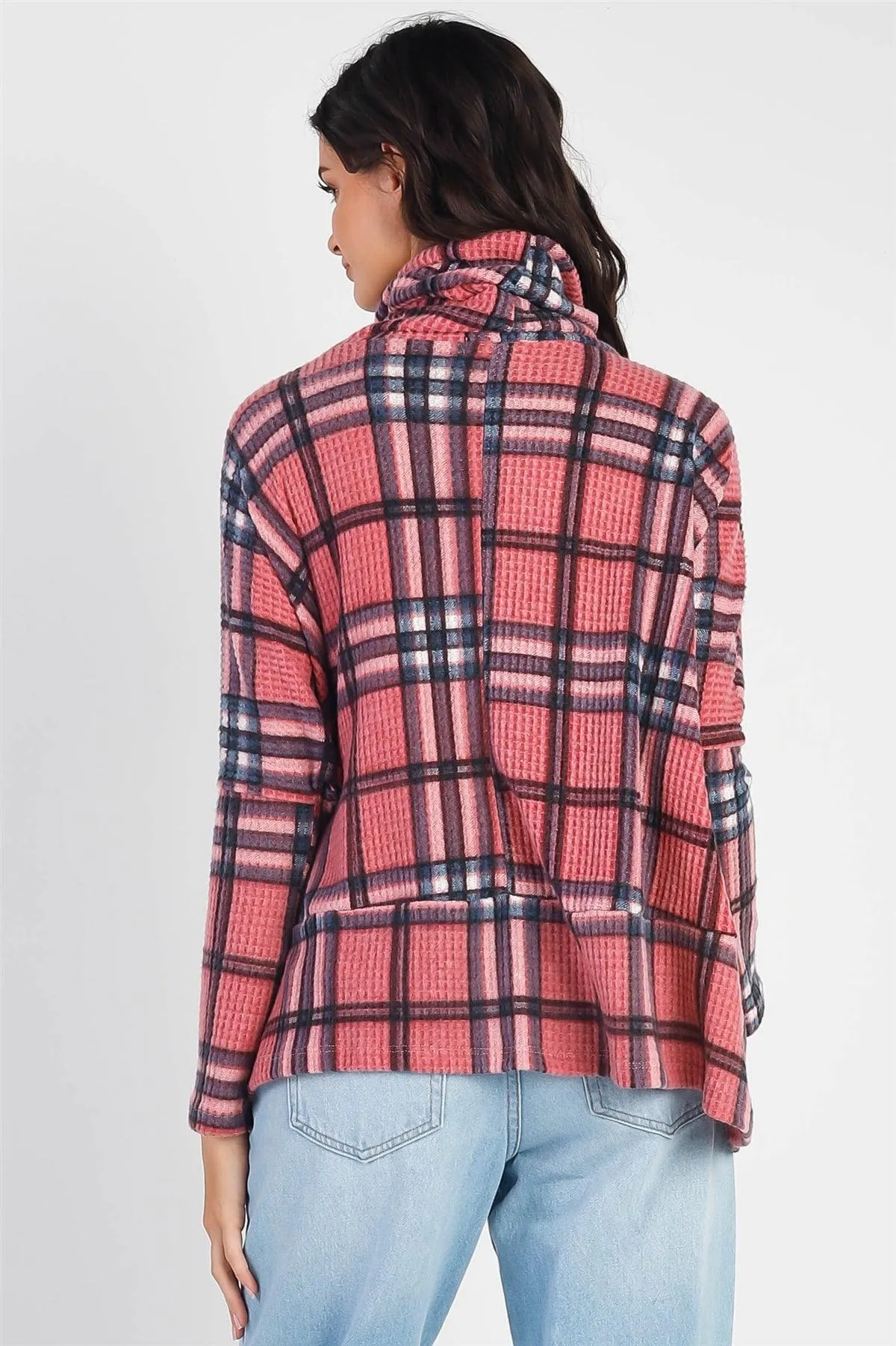 Mauve Waffle Knit Flannel Plaid Turtle Neck Long Sleeve Top /1-1
